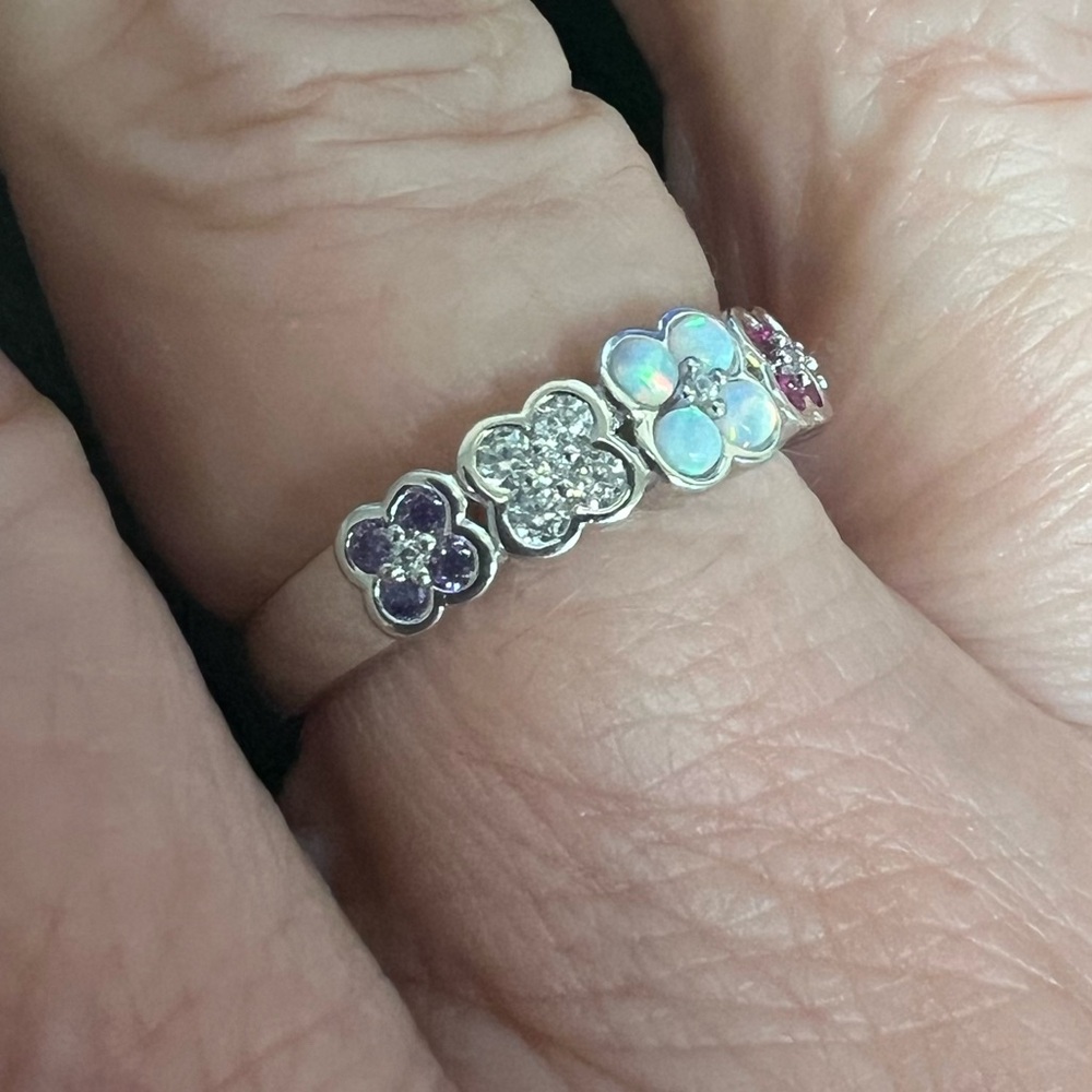 Sterling Silver ADORE Message Ring with simulated opal and Diamonique gemstones - Picture 12 of 14